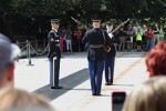 Soldiers from the 3rd U.S. Infantry Regiment (The Old Guard) guard the Tomb of the Unknown Soldier at Arlington National Cemetery. This Tomb holds the remains of unknown service members from WW I, WW II, the Korean and the Vietnam war.