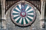 "This is the rownde table of kyng Arthur w(ith) xxiiii of his namyde knyattes".  King Arthur's Round Table hangs in the 13th Century Great Hall of Winchester Castle, Winchester. : United Kingdom