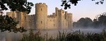 The athmospheric and mysterious Bodiam Castle before sunrise, Bodiam, United Kingdom. : Panoramic, Shift-stitched (Landscape), United Kingdom