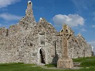 The South Cross (replica) and temple Dowling, Clonmacnoise, Ireland. : Ireland