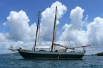 The two master Scaramouche at Union Island, St Vincent & the Grenadines. This sailing ship was used in Pirates of the Caribbean but now sails tourists around the Tobago Cays. : St Vincent & the Grenadines