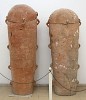 Anthropoid Coffins in the Citadel Archeological Museum.  Two of the five anthropoid coffins that were discovered in 1966 in the grounds of the Raghadan Palace, in a cistern-like tomb, in Amman. They're made of baked clay and crushed pieces of pottery and are equipped with handles for easier transportation. At the place were the head of the deceased would rest, a lid was cut out. There are portraits of the deceased on two of these lids. At the time of discovery each coffin contained two or three skeletons. Very few sites have shown this type of burial practice in Jordan and palestine. This practice was in use from the 13th to the 7th Century BC. : Jordan