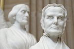 Sculpted by Adelaide Johnson (1859-1955) from an 8-ton block of marble in Carrara, Italy, this is Lucretia Mott (1793-1880), Quaker reformer and preacher, who worked for abolition, peace, and equality for women in jobs and education; organizer of the 1848 Seneca Falls, New York, convention, which launched the women's rights movement. Her portrait is a copy of the individual bust Johnson carved for the Court of Honor of the Woman's Building at the World's Columbian Exhibition in 1893.