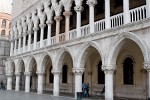 Detail of the Westside of the Palazzo Ducale - Venice, Italy. Note the two darker columns. This is the place where death sentences would be solemnly read out onto the Piazetta di San Marco. The sentences were usually carried out between the two columns on the piazetta. : Italy