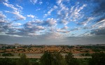 The Forbidden city seen from the Everlasting Spring pavilion atop Prospect hill in Jingshan park. : China, Sunset