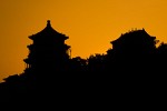 The Buddhist Fragrance Pavillion on the left and the Temple of the Sea of Wisdom on the right. : China, Sunset