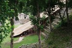 The hieroglyphic stairway with part of the ballcourt in the background, Copán Ruinas. : Honduras