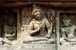 Carved relief at Borubudur - Central Java, Indonesia. Borobudur contains approximately 2,670 individual bas reliefs (1,460 narrative and 1,212 decorative panels), which cover the façades and balustrades. The total relief surface is 2,500 square meters (26,909.8 sq ft) and they are distributed at the hidden foot (Kamadhatu) and the five square platforms (Rupadhatu). The narrative panels, which tell the story of Sudhana and Manohara, are grouped into 11 series encircled the monument with the total length of 3,000 meters (9,843 ft). The hidden foot contains the first series with 160 narrative panels and the remaining 10 series are distributed throughout walls and balustrades in four galleries starting from the eastern entrance stairway to the left. Narrative panels on the wall read from right to left, while on the balustrade read from left to right. This conforms with pradaksina, the ritual of circumambulation performed by pilgrims who move in a clockwise direction while keeping the sanctuary to their right.The hidden foot depicts the story of the karma law. The walls of the first gallery have two superimposed series of reliefs; each consists of 120 panels. The upper part depicts the biography of Buddha, while the lower part of the wall and also balustrades in the first and the second galleries tell the story of Buddha's former lives. The remaining panels are devoted to Sudhana's further wandering about his search; terminated by his attainment of the Perfect Wisdom.