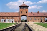 The main gate to death camp Auschwitz II - Birkenau, Poland.