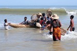 In a frenzy women storm the returning fishermen to get their share of the fish -  Morondava, Madagascar.