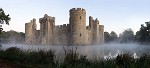 The athmospheric and mysterious Bodiam Castle before sunrise, Bodiam, United Kingdom. : Panoramic, Shift-stitched (Landscape), United Kingdom