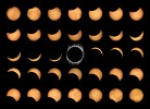 Matrix of solar eclipse images taken at 4 minute intervals. In the middle a composition of 5 totality images. : China