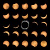 Matrix of solar eclipse images taken at 6 minute intervals. In the middle a composition of 5 totality images. : China