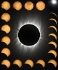 Combination of solar eclipse images taken at 4 minute intervals, third contact on the right top and a composition of 5 totality images in the middle. : China